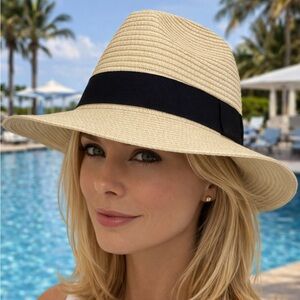 ❤️ Ivory Wide-Brim Fedora Style Sun Hat with Black Band